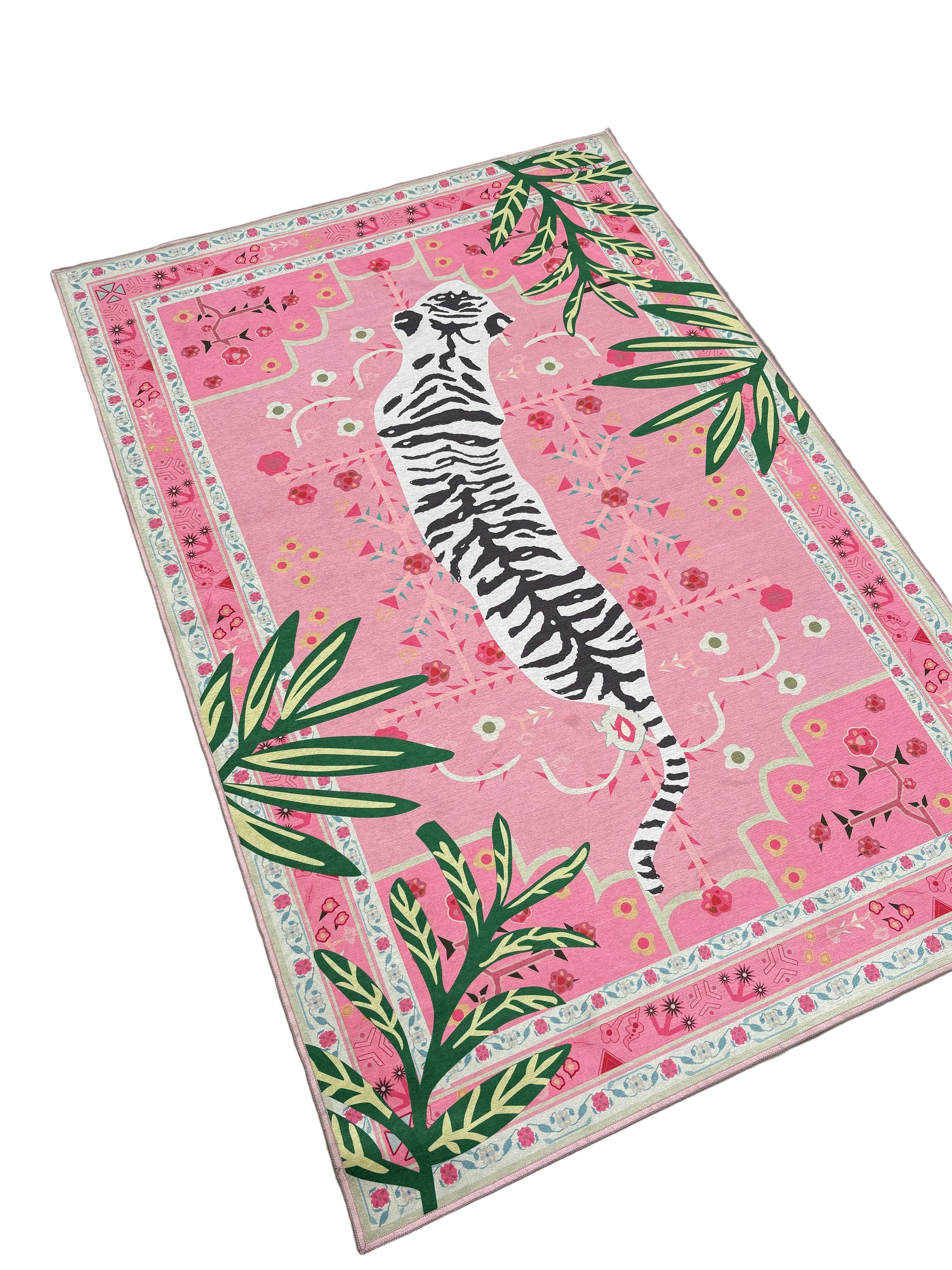 Pink tiger jungle design Washable Custom Rug