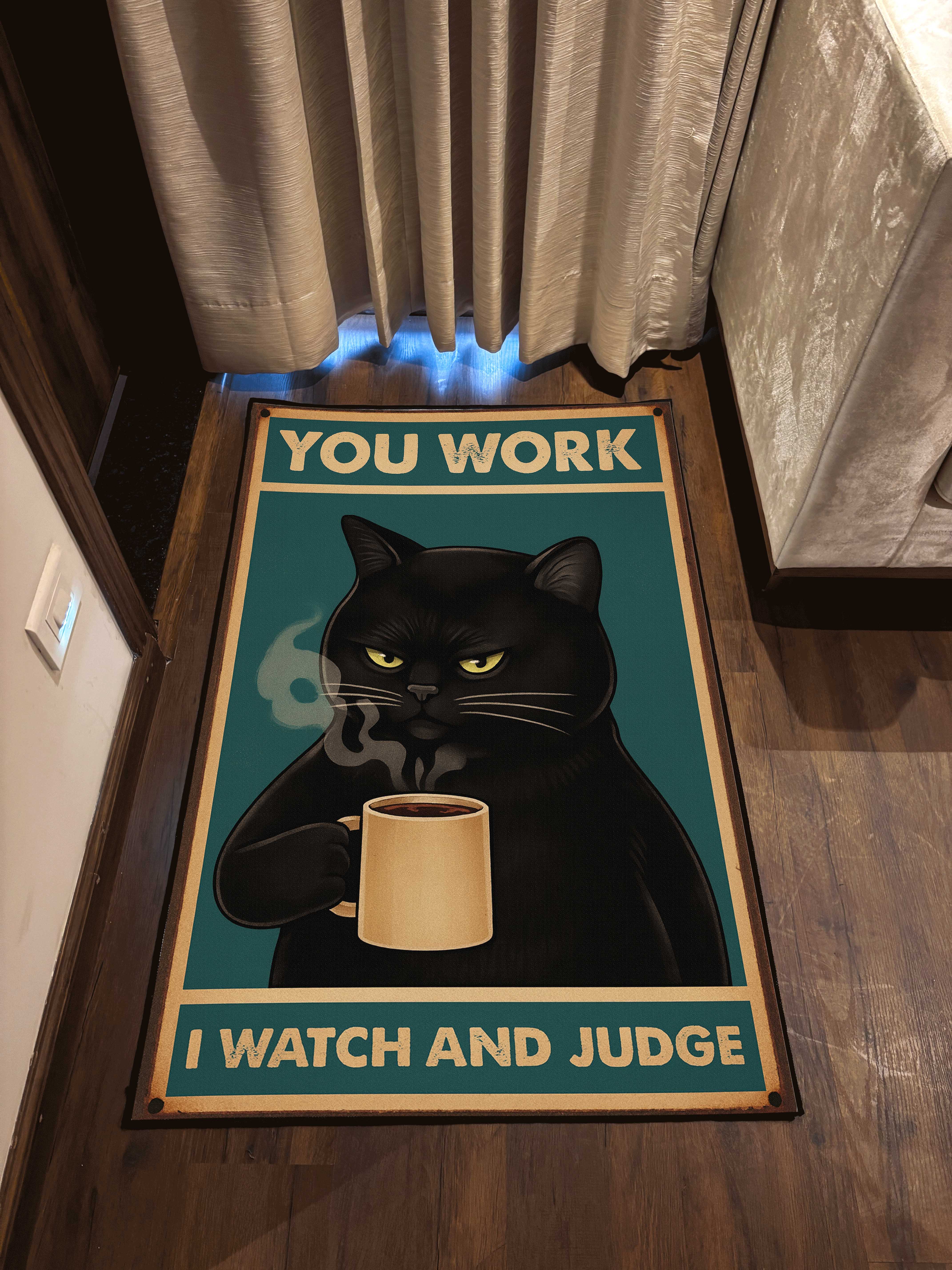 Cat Working Door Washable Custom Rug by the Drip Co.