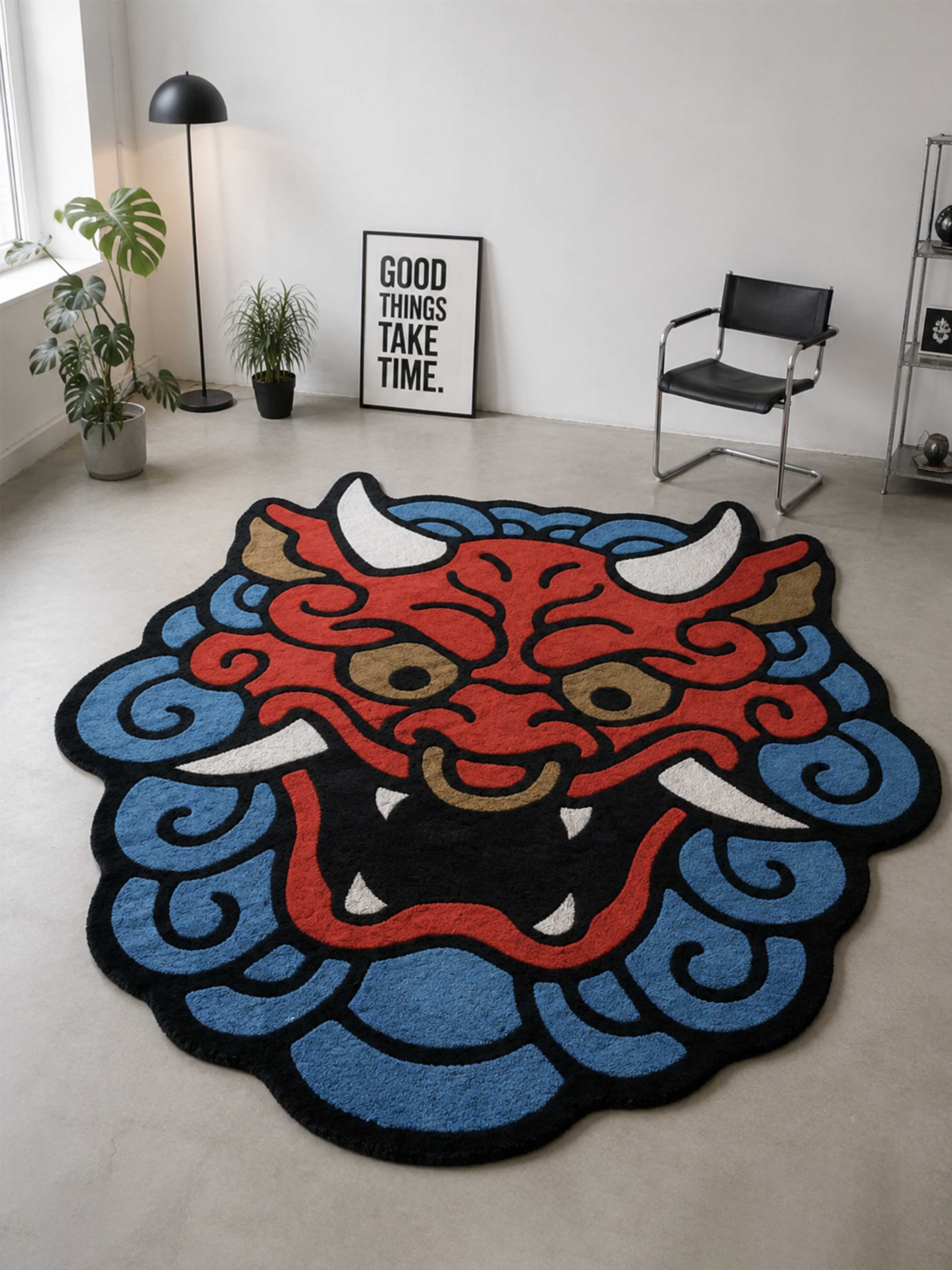 Red & blue dragon Face Hand Tufted Rug