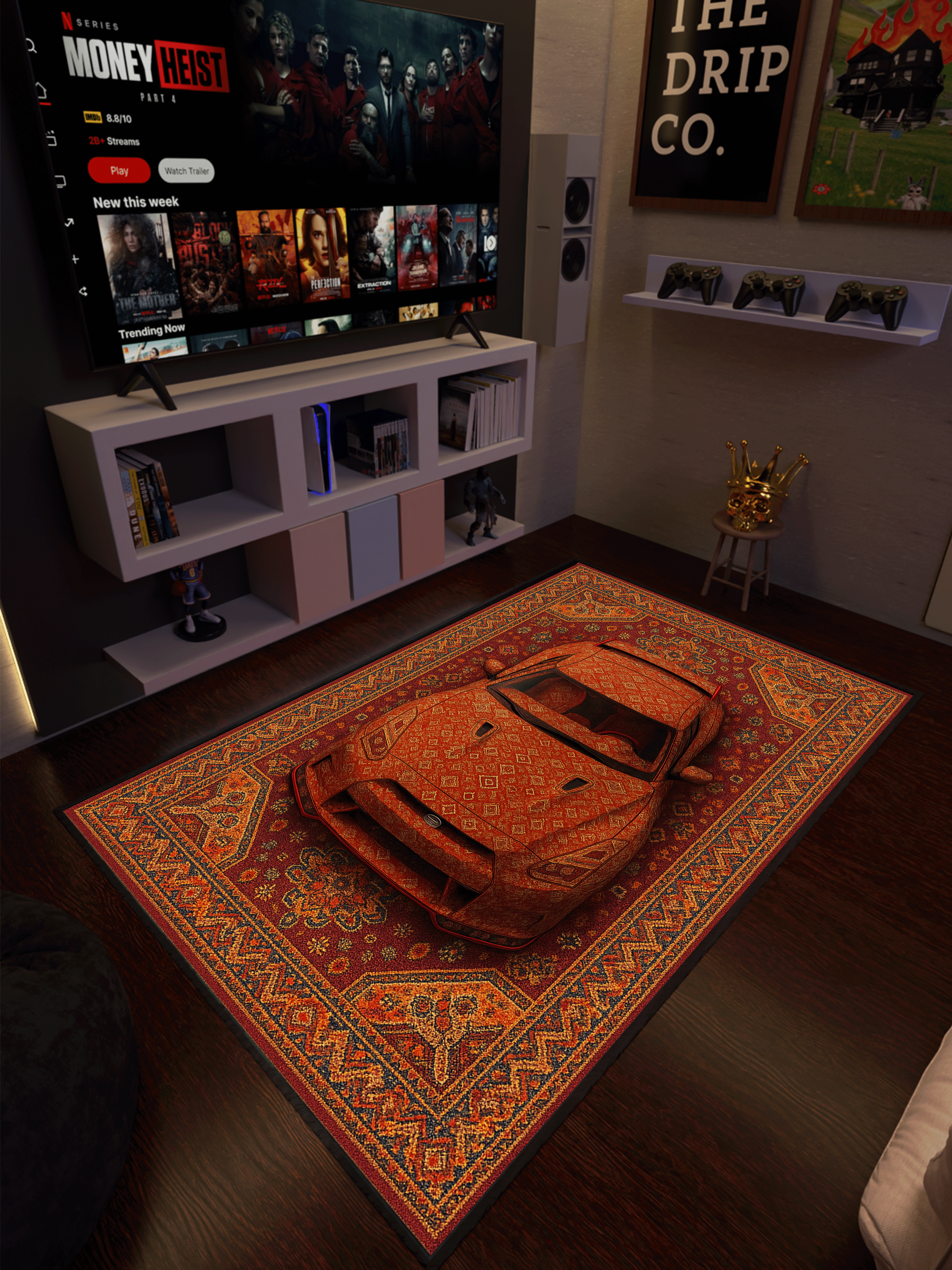 Red Racing car traditional design Washable Custom Rug