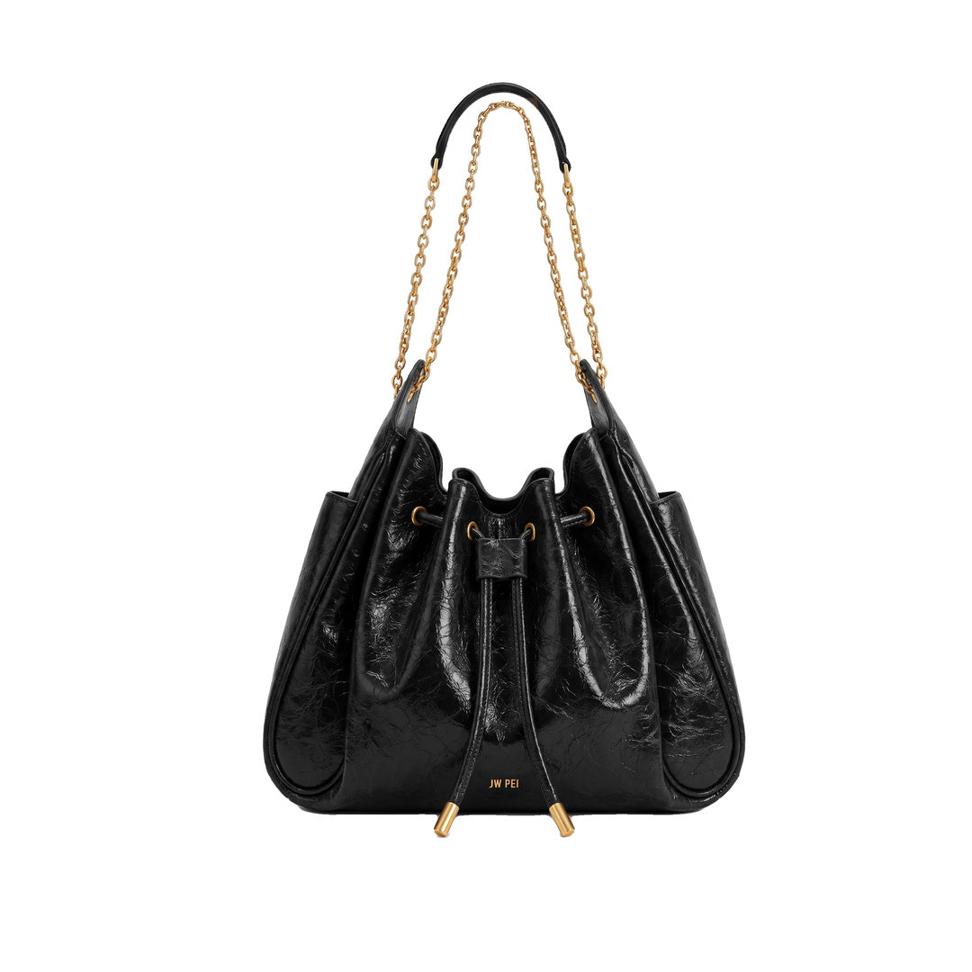 JW PEI Rowan Ruched Drawstring Chain Bucket Bag - Jet Black