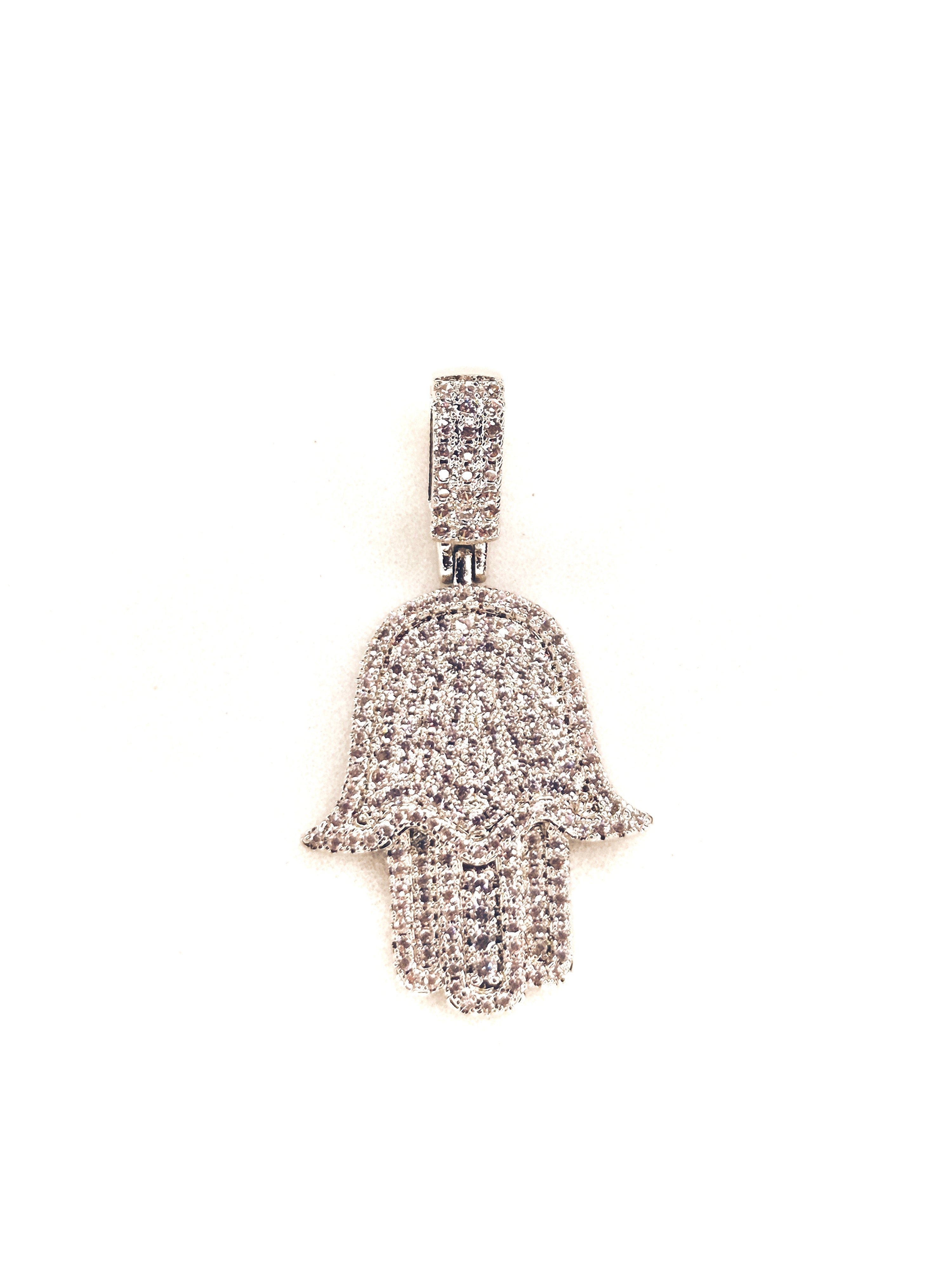 Hamsa Hand Frozen Iced Cross in 14k white gold with rope chain