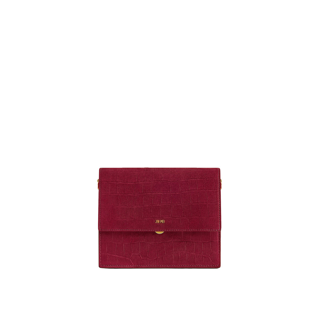 JW PEI Mini Flap Faux Suede Croc Embossed Crossbody - Burgundy