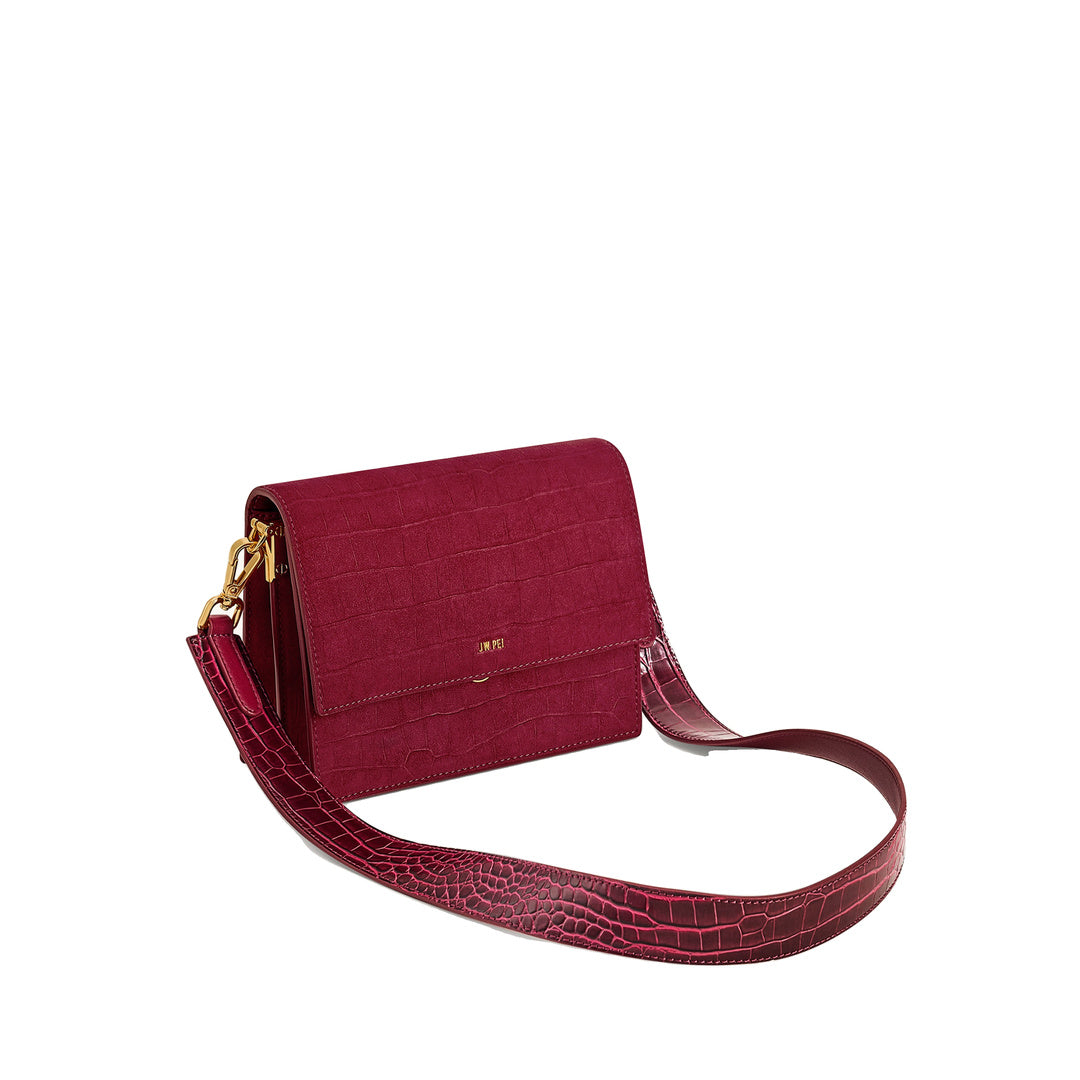 JW PEI Mini Flap Faux Suede Croc Embossed Crossbody - Burgundy