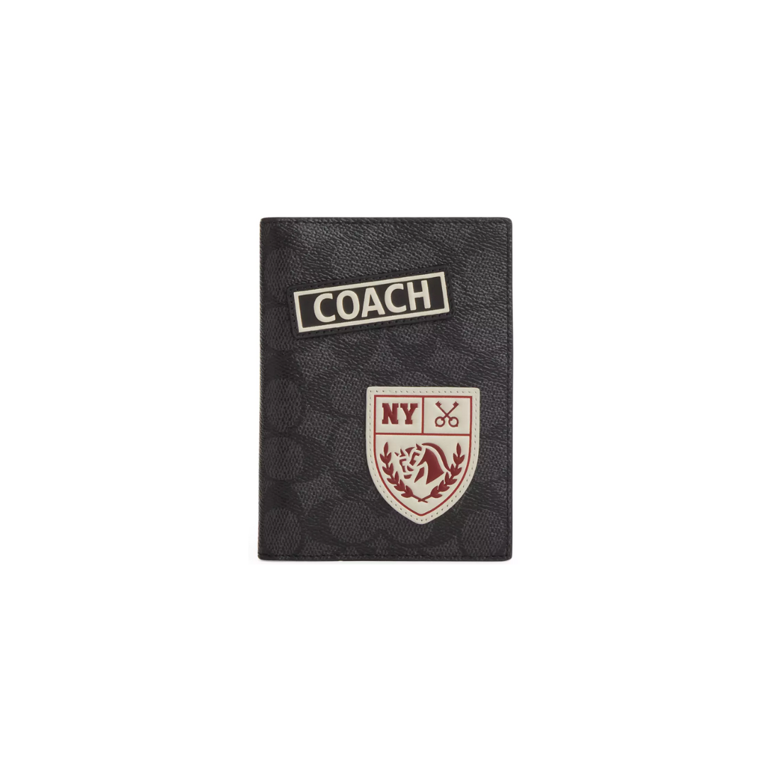 Coach Passport Card Case In Signature Canvas Camo With Patches Gunmetal Charcoal Multi