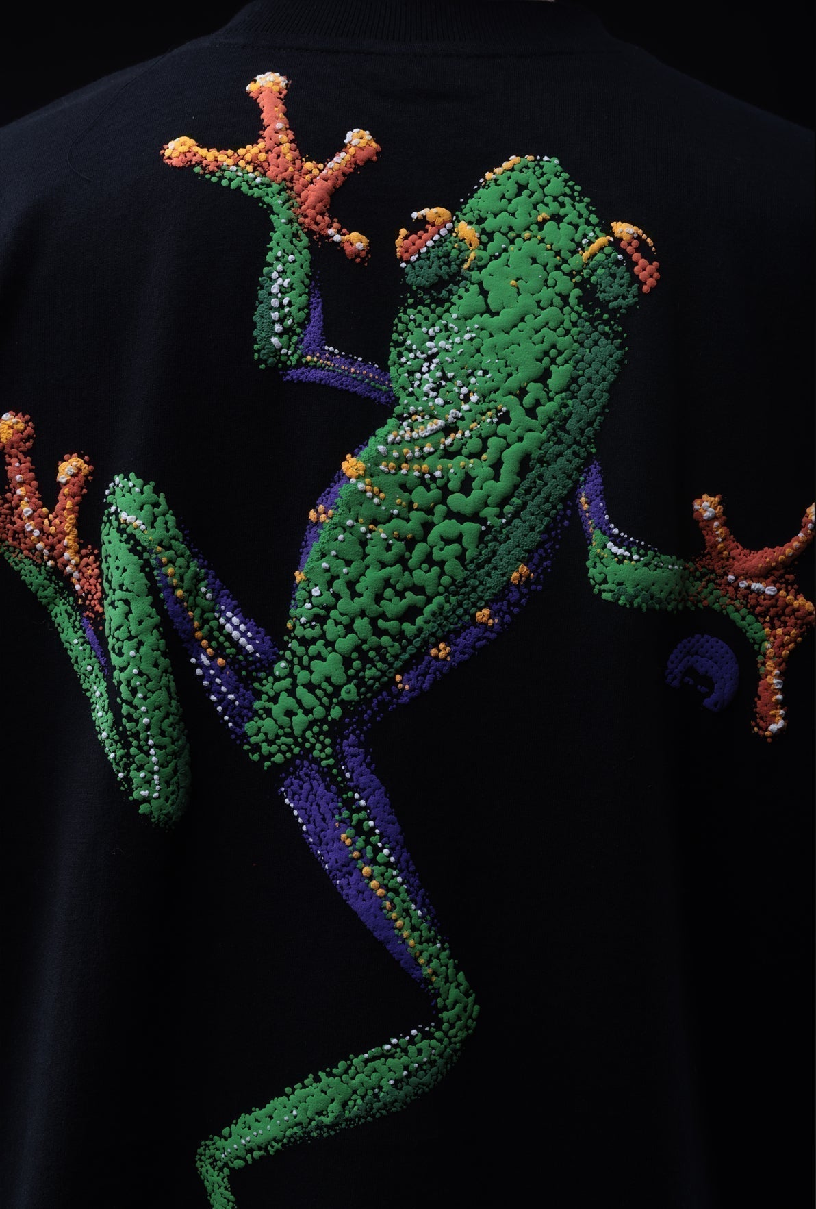 Decorative green frog with orange accents on a black background Crepdog Crew