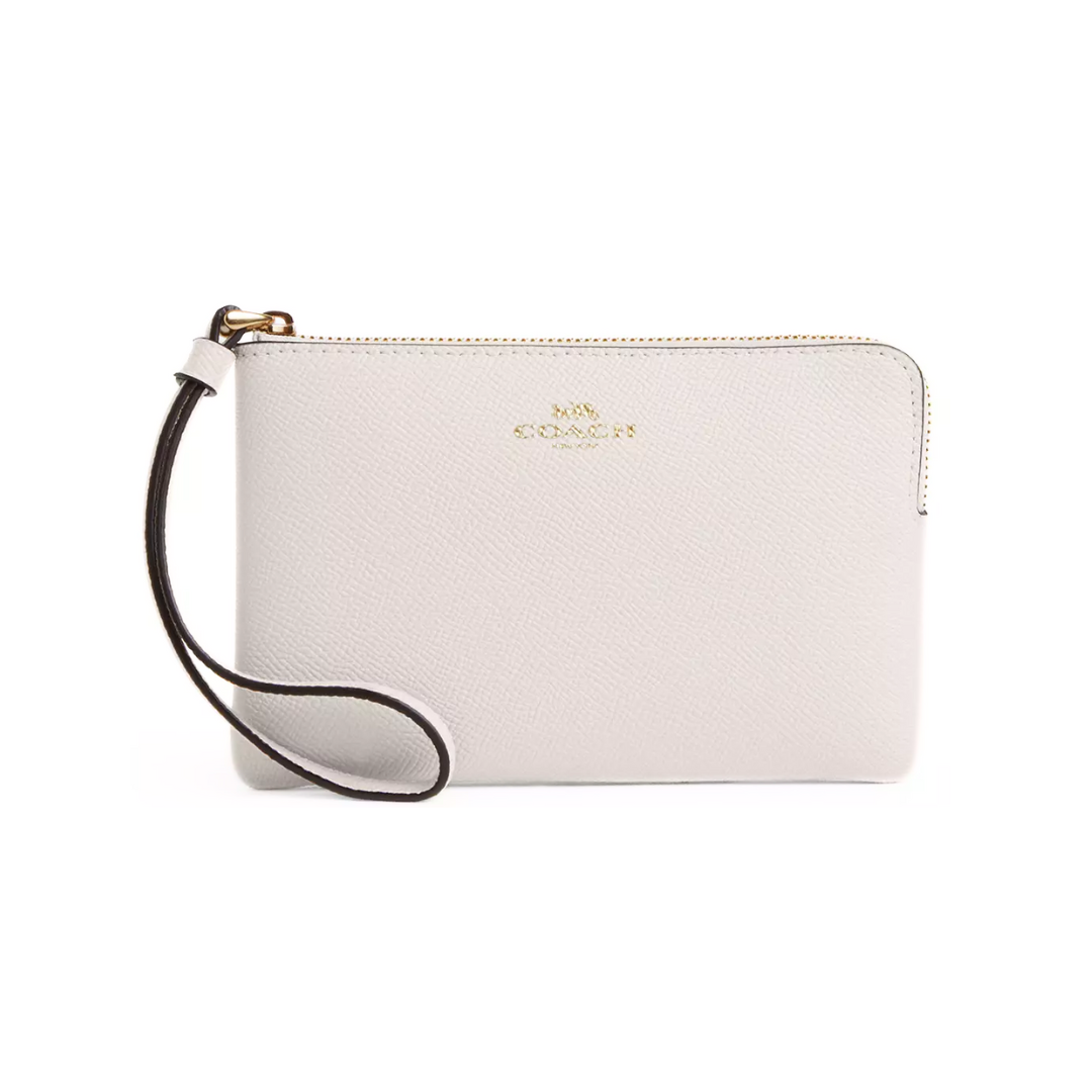 Coach Corner Zip Wristlet crossgrain leather Gold Chalk