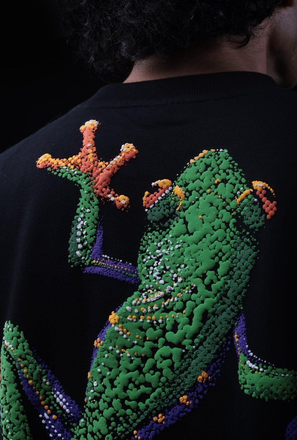 Black shirt with a colorful frog design on the back against a dark background Crepdog Crew