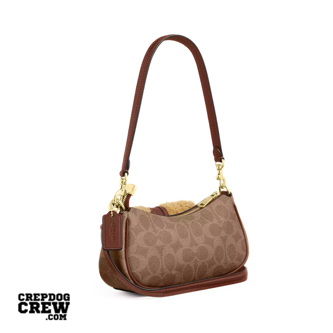Coach Ashton Mini Shoulder Bag In Signature Canvas shearling Gold Tan Vintage Brown