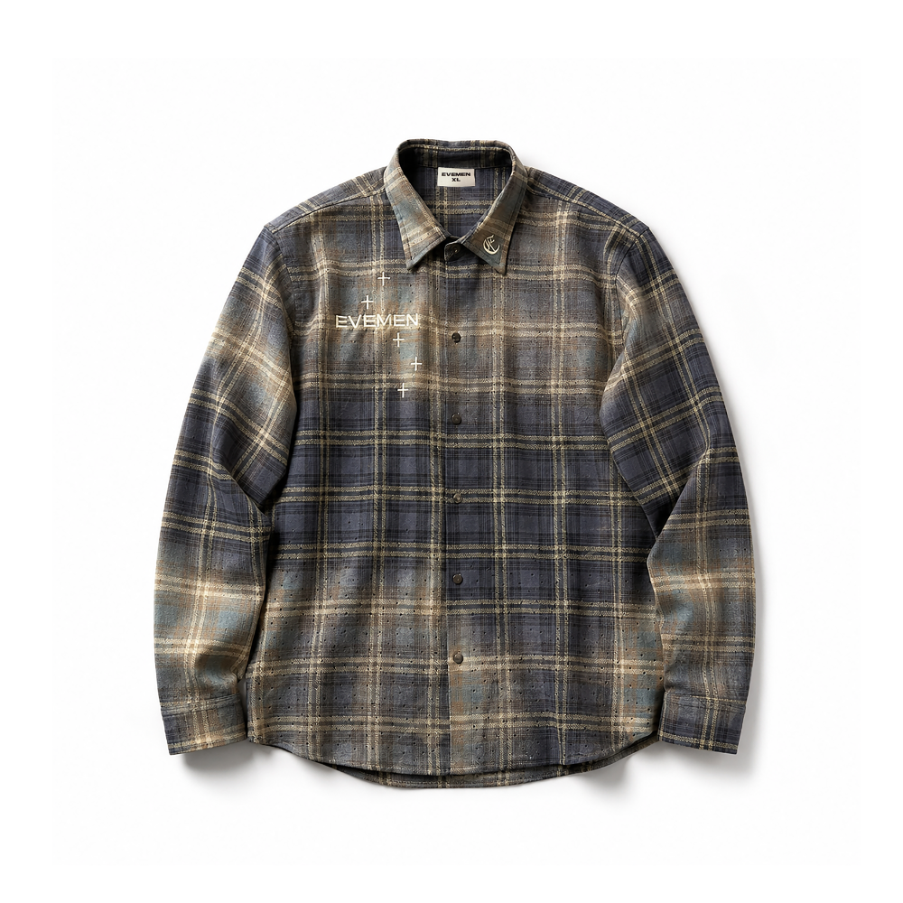 studded flannel shirt beige & blue