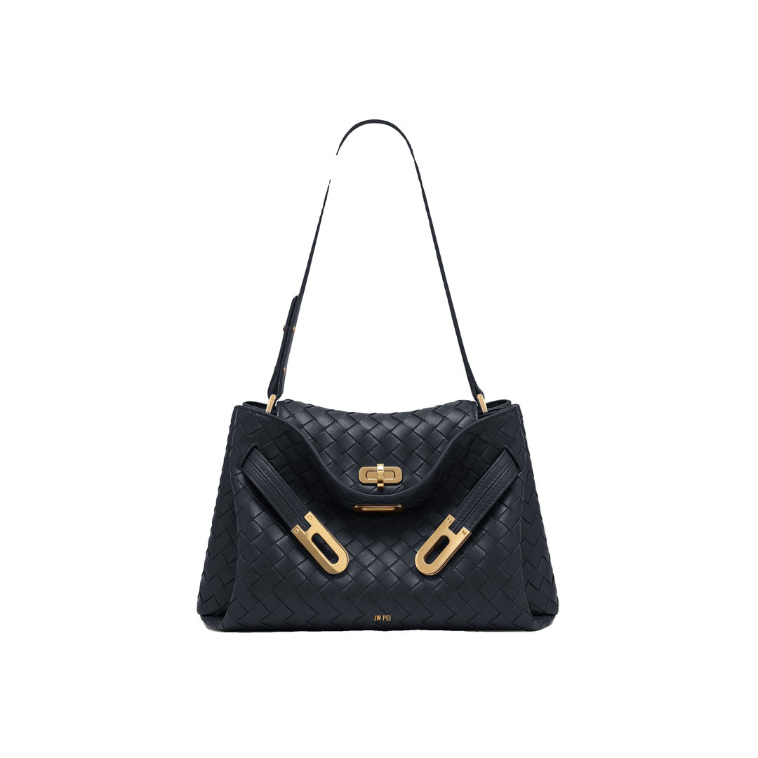 JW PEI Rhea Woven Texture Double Buckle Shoulder Bag - Navy Blue