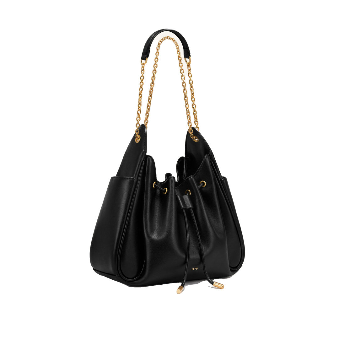 JW PEI Rowan Ruched Drawstring Chain Bucket Bag - Black