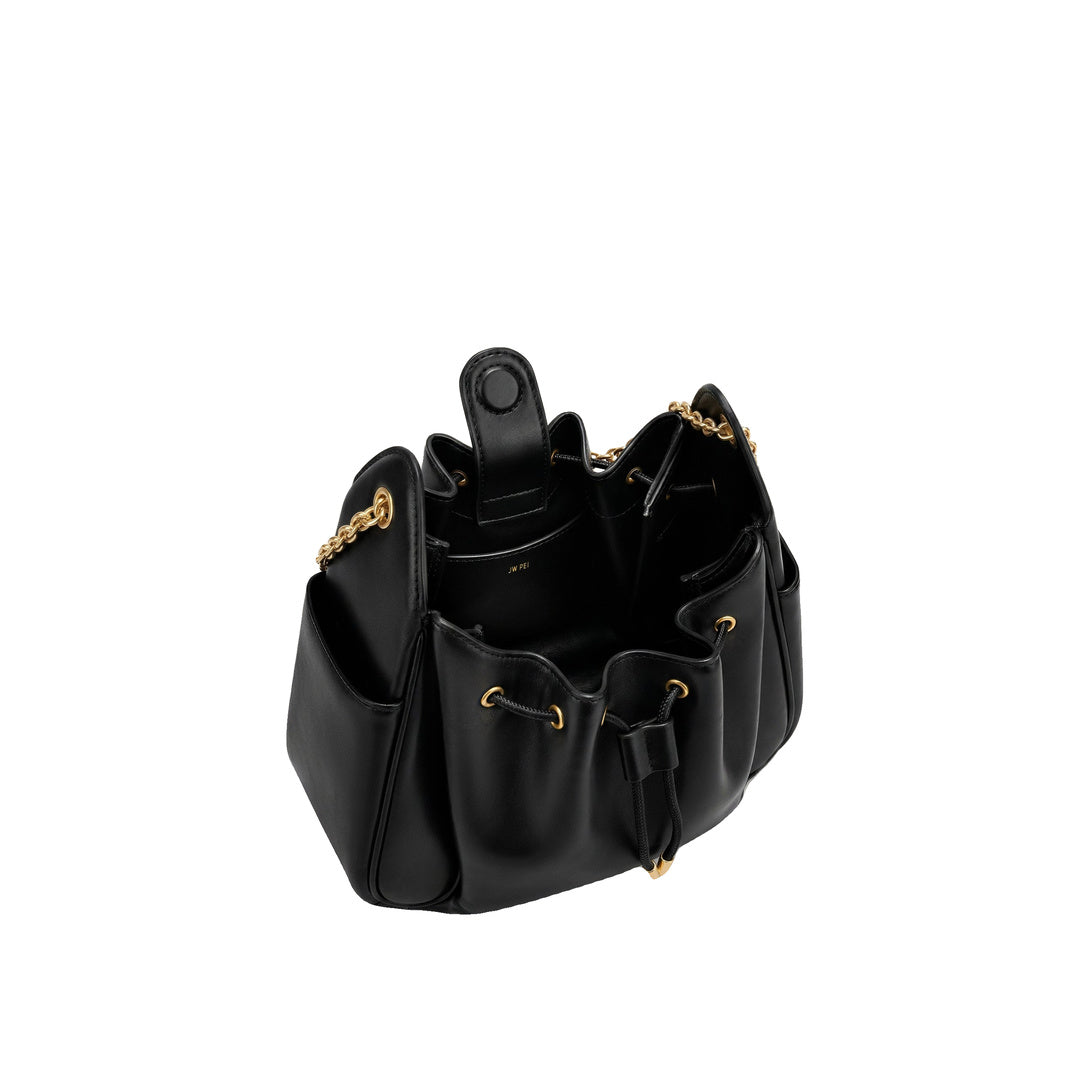 JW PEI Rowan Ruched Drawstring Chain Bucket Bag - Black