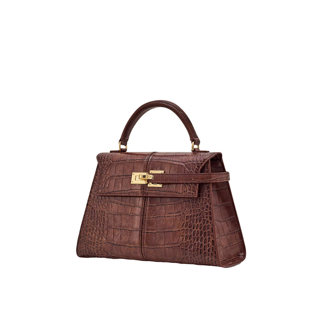 JW PEI Elise Large Croc-Embossed Top Handle Bag - Chestnut Brown