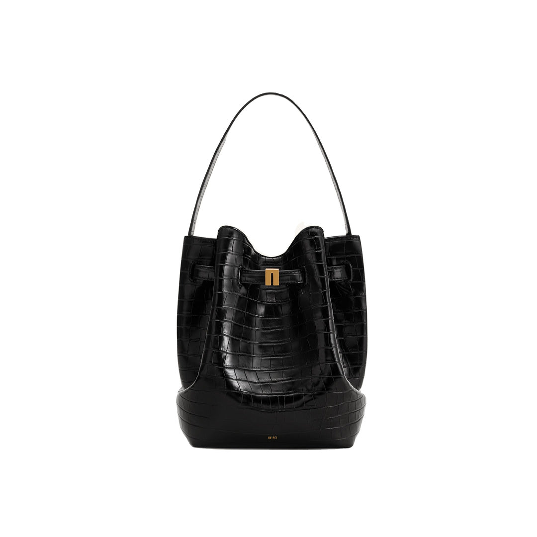 JW PEI Clara Lock Accent Bucket Shoulder Bag - Black Croc