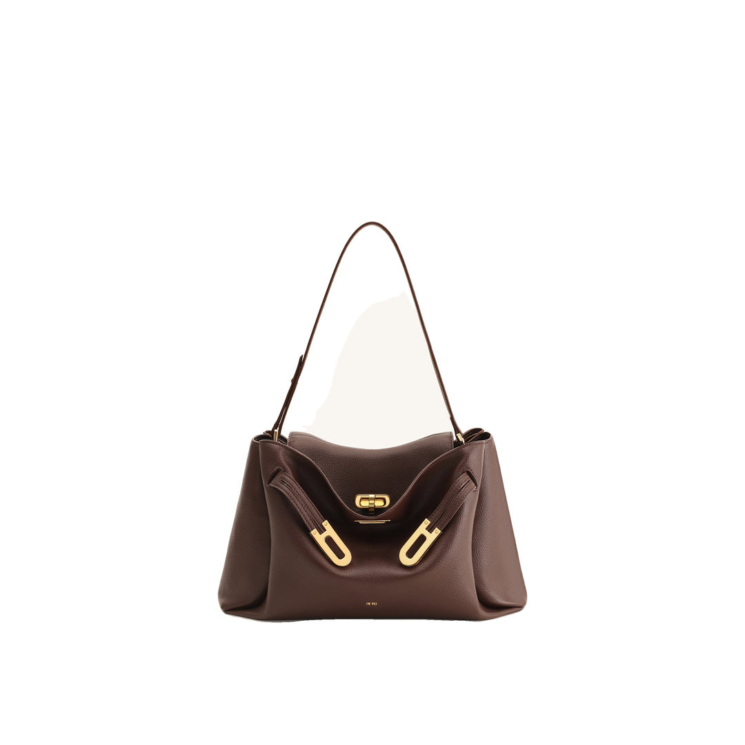 JW PEI Rhea Pebbled Double Buckle Shoulder Bag - Dark Brown