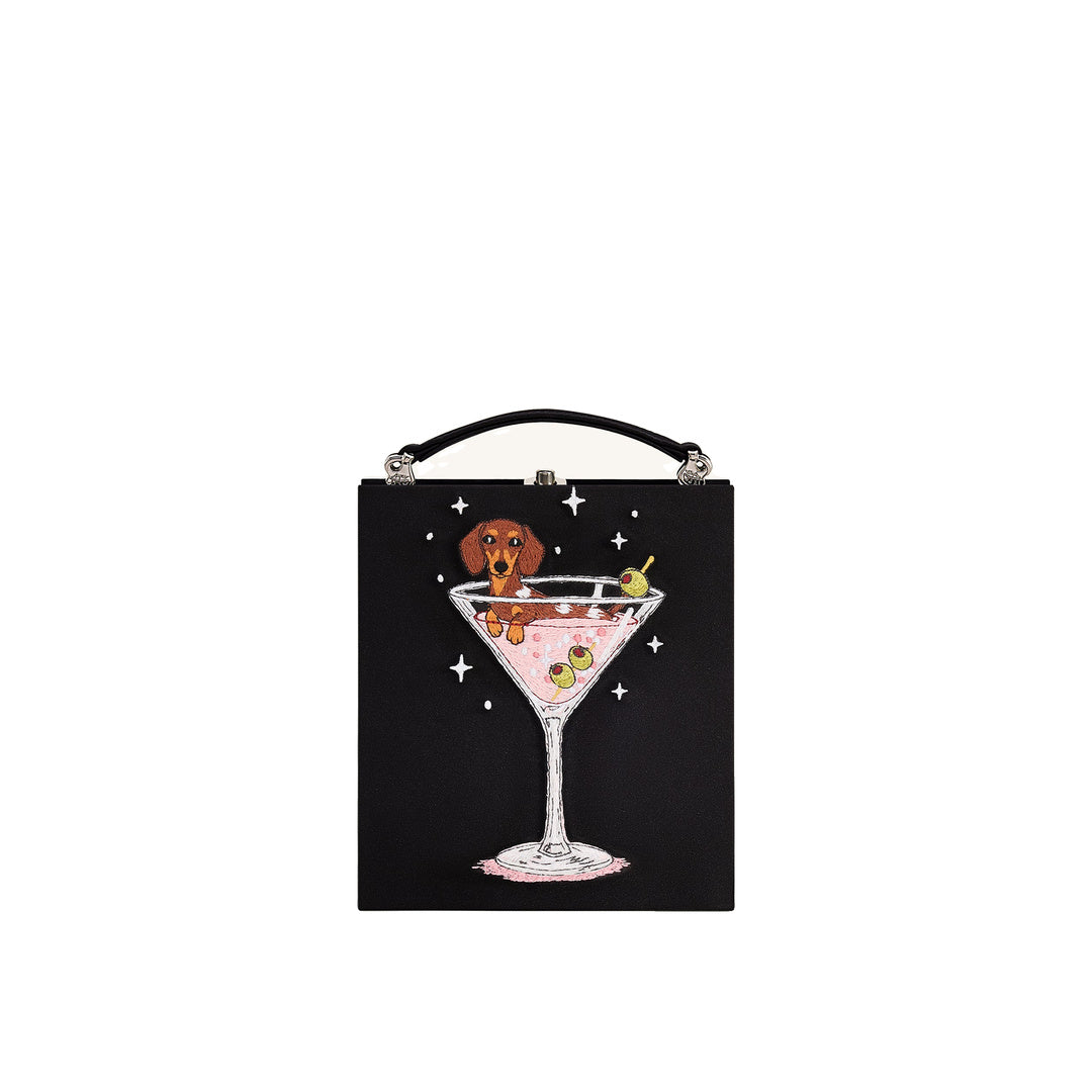 JW PEI Taya Wine Glass Puppy Pattern Book Shape Clutch Bag - Black