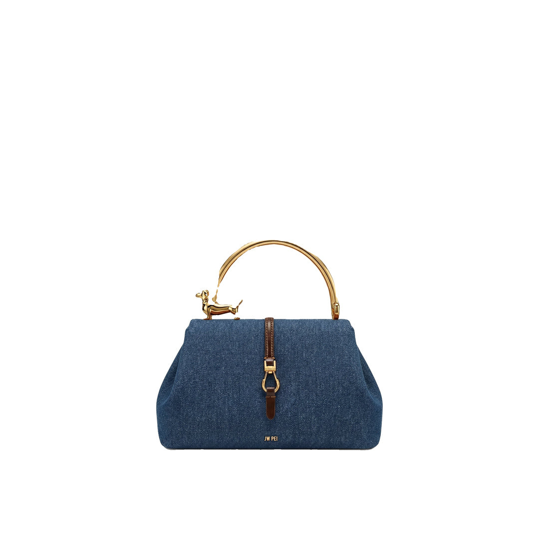 JW PEI Bruna Dachshund Metal Handle Top Handle Bag - Dark Blue Denim
