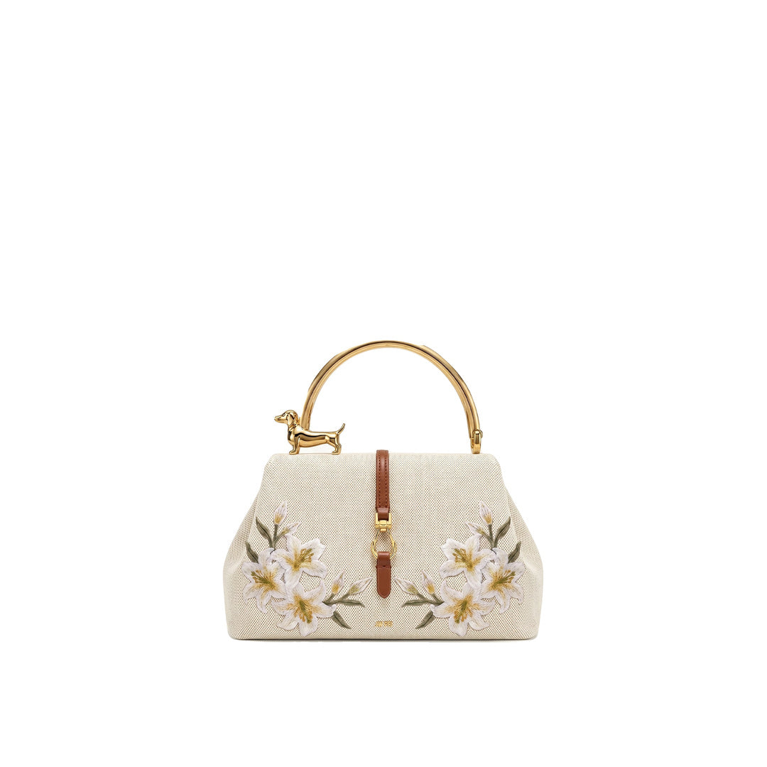 JW PEI Bruna Dachshund Metal Handle Lily Embroidered Top Handle Bag - Brown Canvas