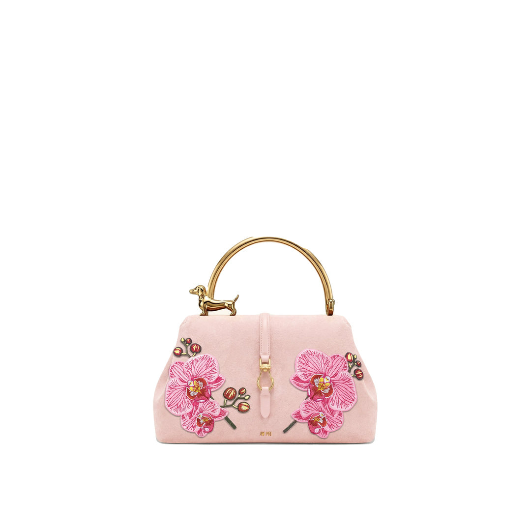 JW PEI Bruna Faux Suede Embroidered Dachshund Metal Top Handle Bag - Pink