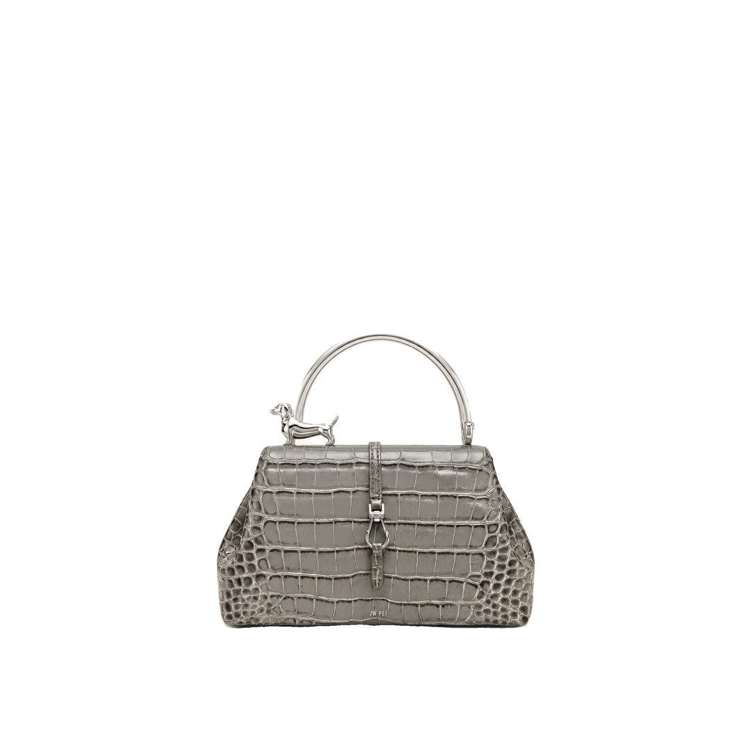 JW PEI Bruna Dachshund Metal Handle Top Handle Bag - Light Grey Croc