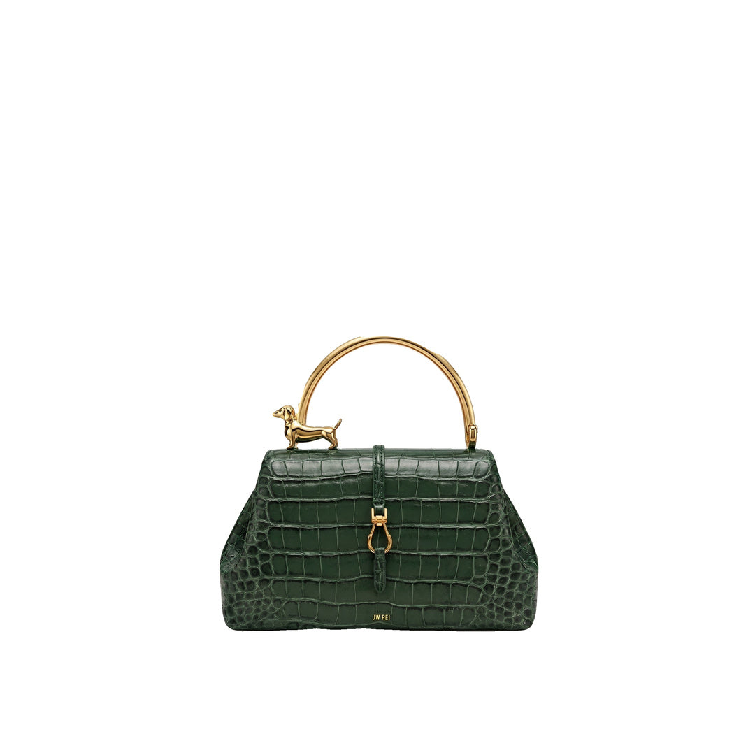 JW PEI Bruna Dachshund Metal Handle Top Handle Bag - Green Croc