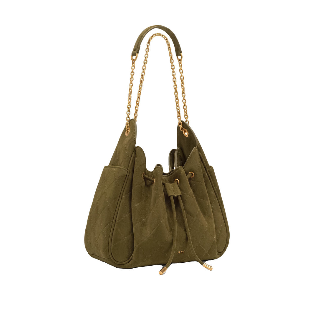 JW PEI Rowan Faux Suede Quilted Chain Bucket Bag - Olive Green