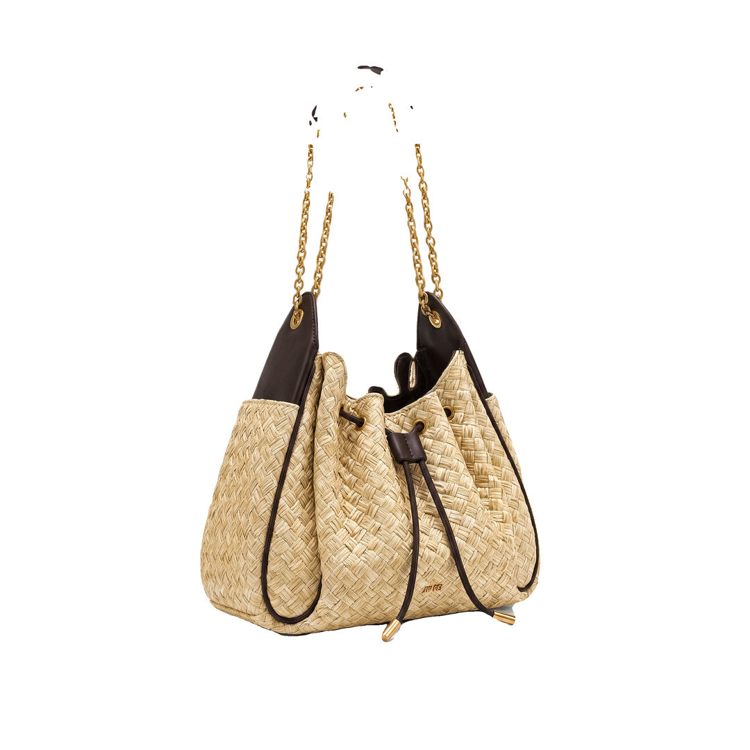 JW PEI Rowan Faux Straw Ruched Drawstring Chain Bucket Bag - Brown