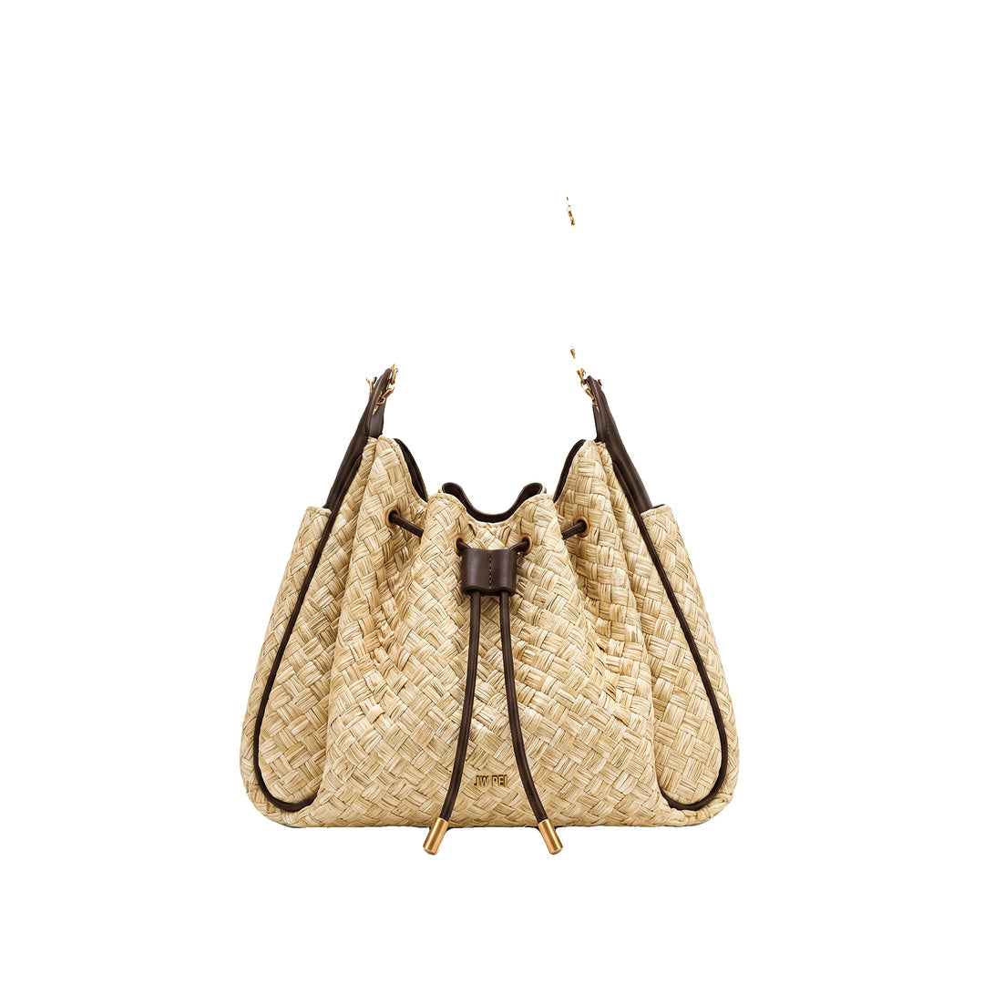 JW PEI Rowan Faux Straw Ruched Drawstring Chain Bucket Bag - Brown