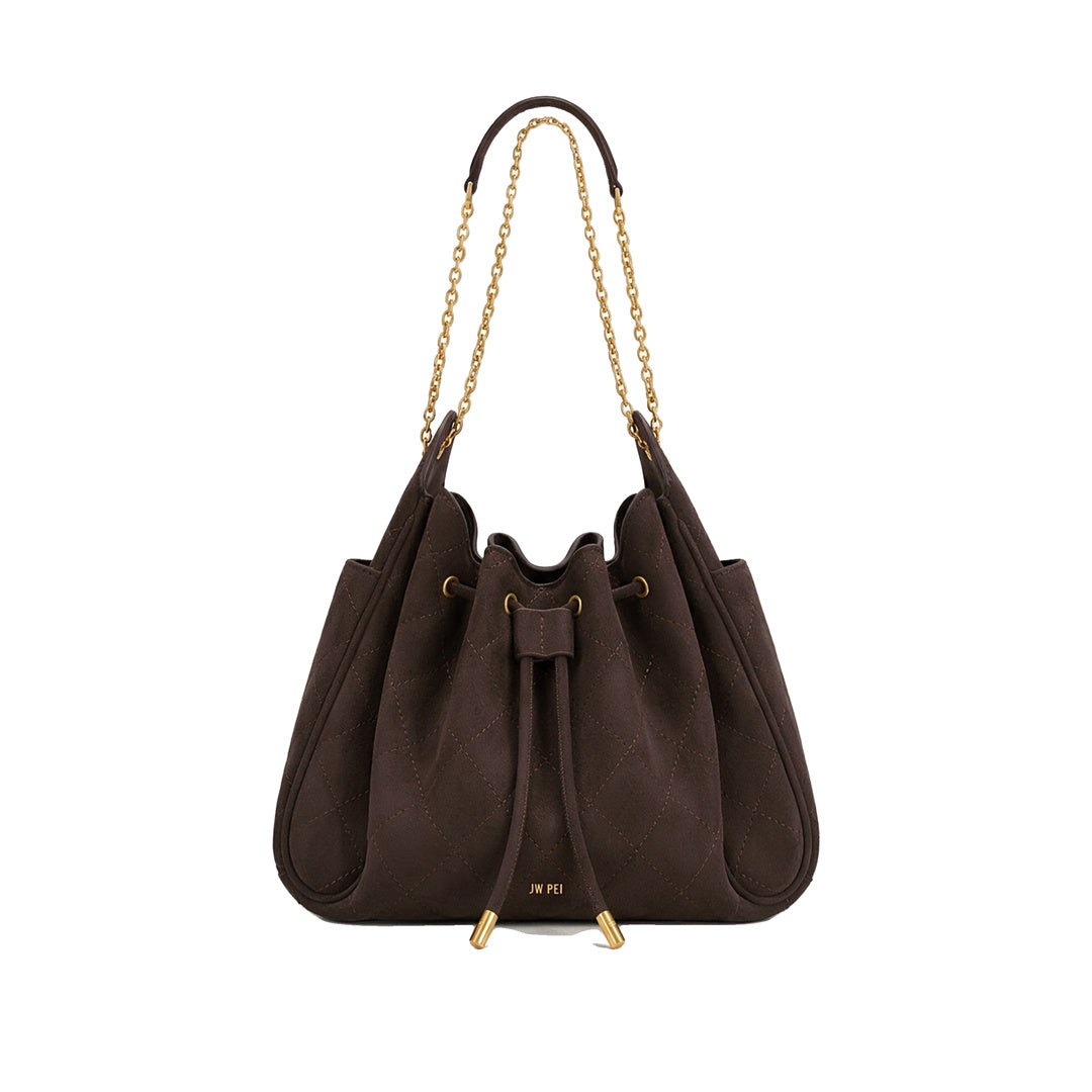 JW PEI Rowan Faux Suede Quilted Chain Bucket Bag - Dark Brown