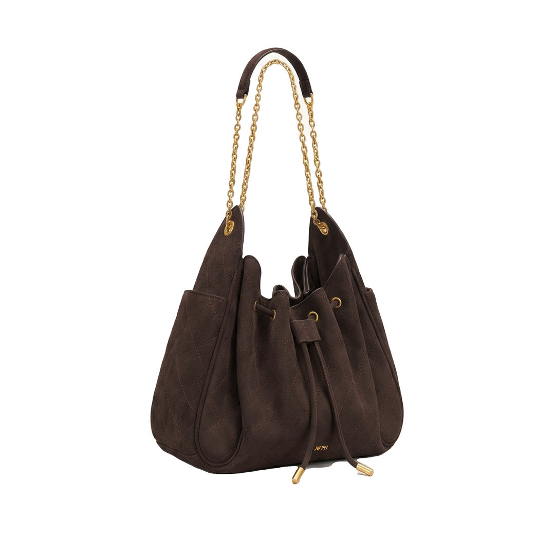 JW PEI Rowan Faux Suede Quilted Chain Bucket Bag - Dark Brown