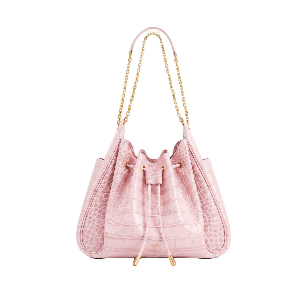 JW PEI Rowan Ruched Drawstring Chain Bucket Bag - Pink Croc