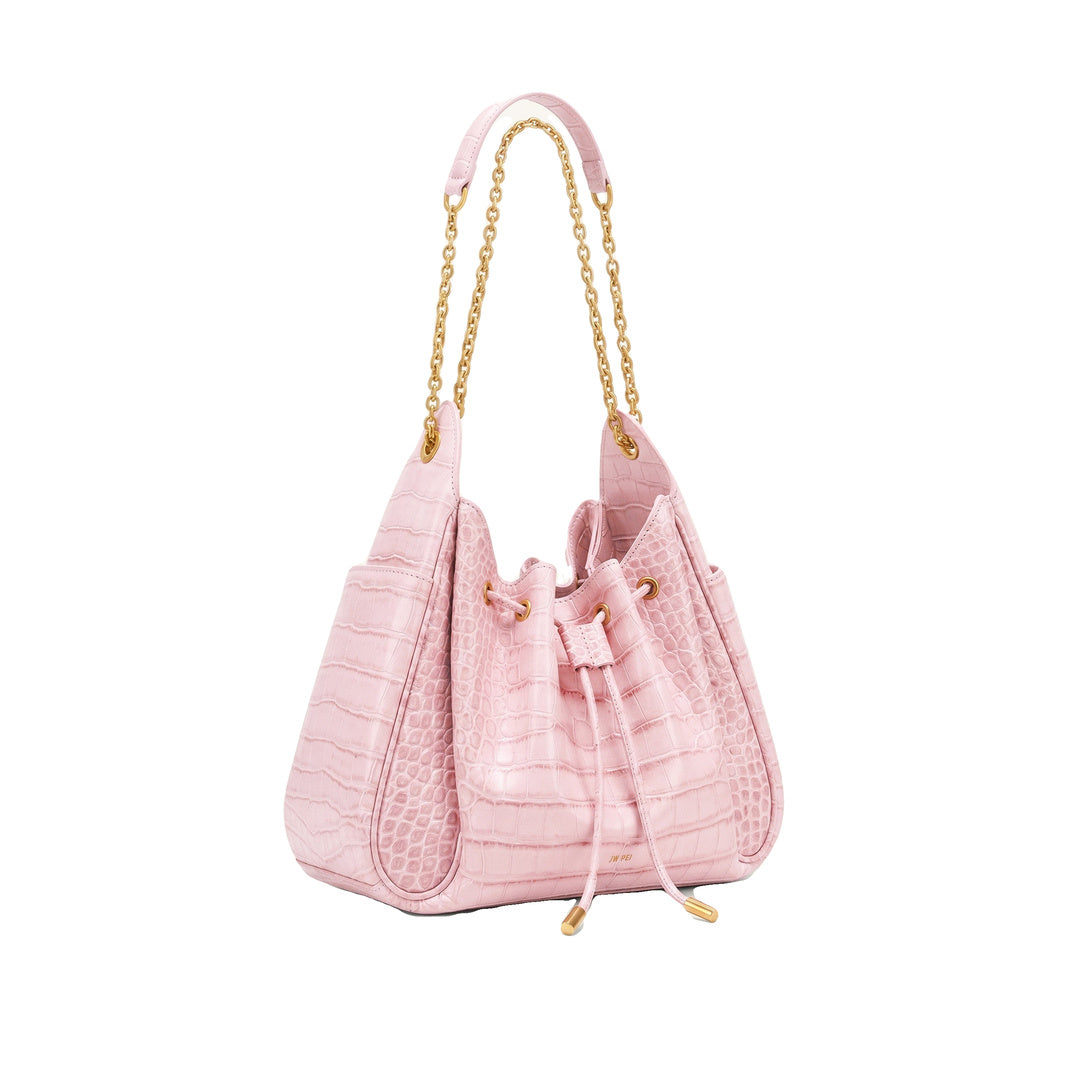 JW PEI Rowan Ruched Drawstring Chain Bucket Bag - Pink Croc