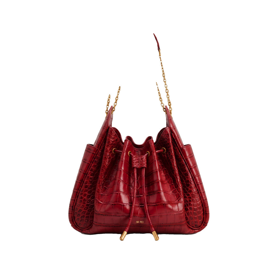 JW PEI Rowan Ruched Drawstring Chain Bucket Bag - Dark Red Croc