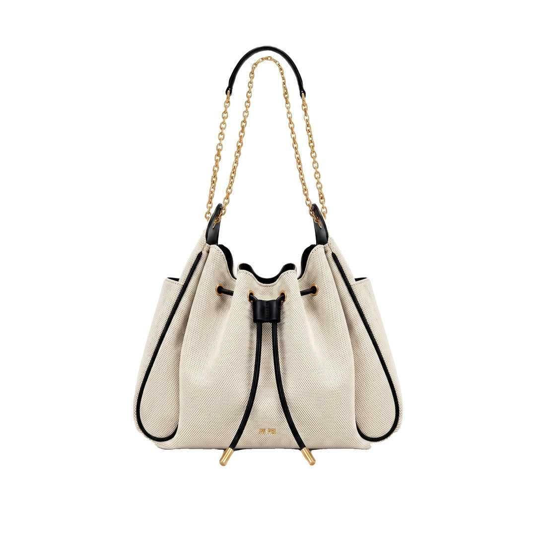 JW PEI Rowan Ruched Drawstring Chain Bucket Bag - Black Canvas
