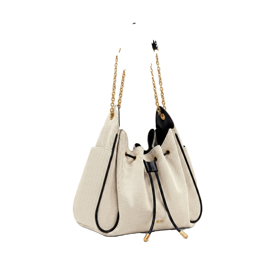 JW PEI Rowan Ruched Drawstring Chain Bucket Bag - Black Canvas