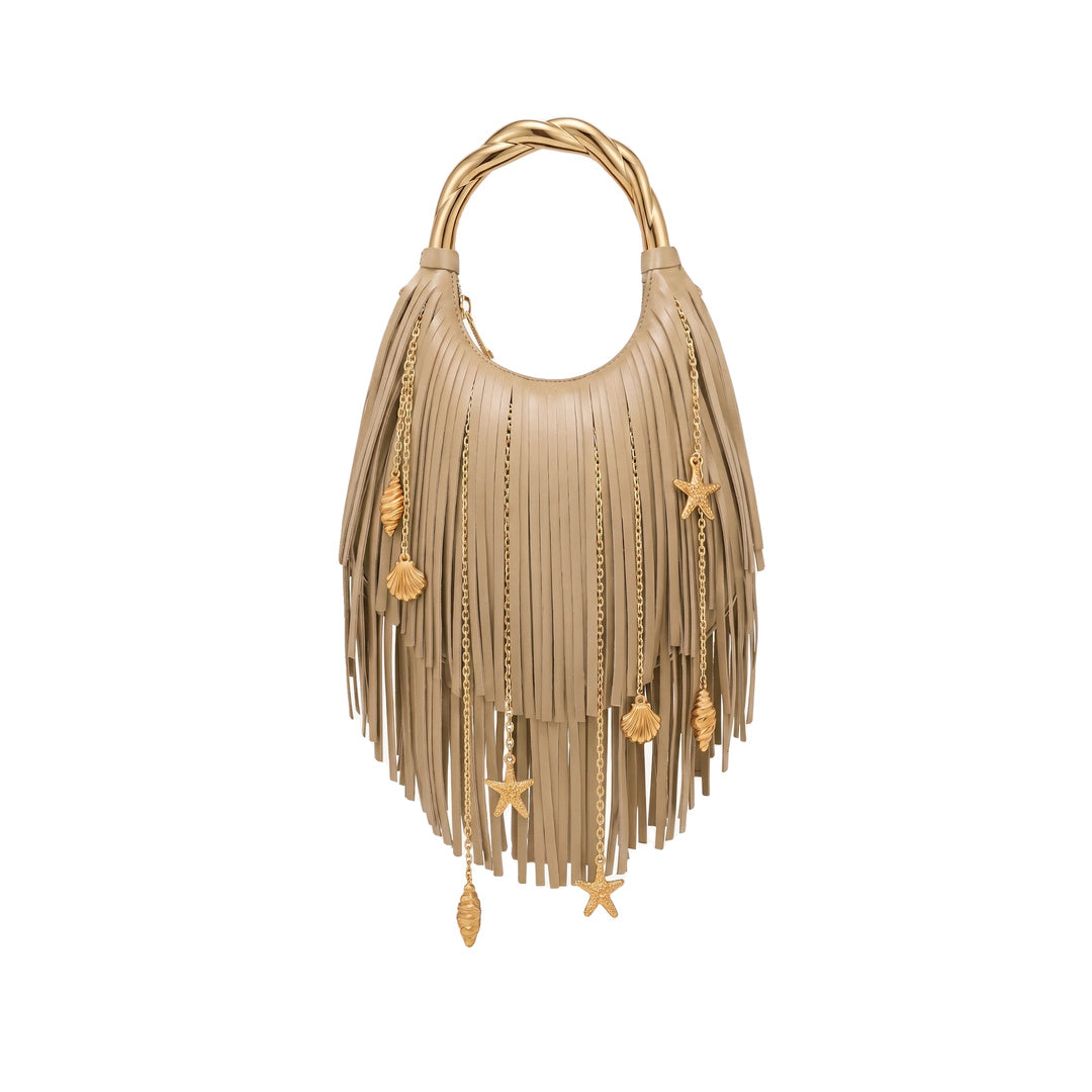 JW PEI Chloe Metal Handle Fringe Top Handbag - Khaki
