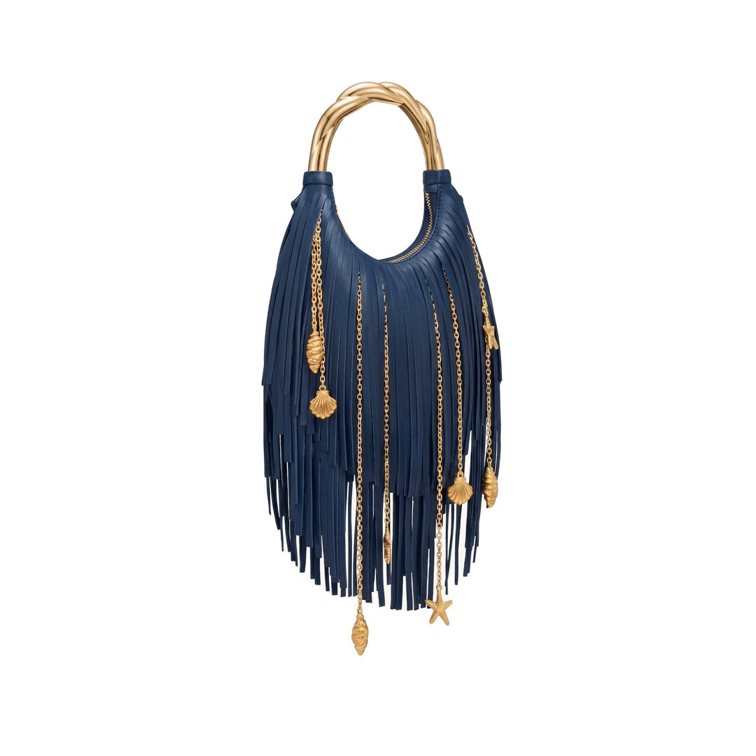JW PEI Chloe Metal Handle Fringe Top Handbag - Navy Blue