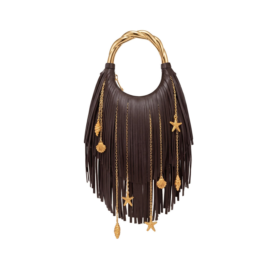 JW PEI Chloe Metal Handle Fringe Top Handbag - Dark Brown