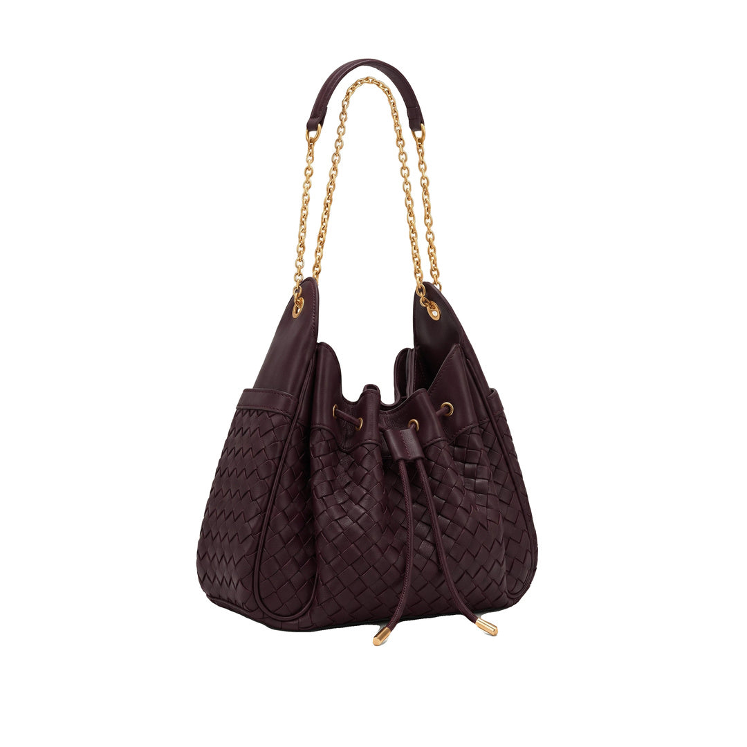 JW PEI Rowan Weaving Ruched Drawstring Chain Bucket Bag - Dark Cherry