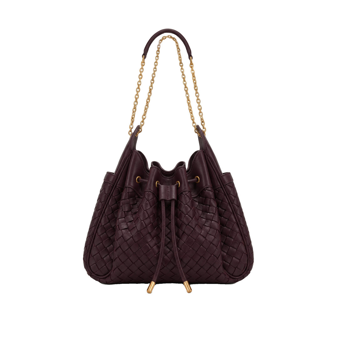 JW PEI Rowan Weaving Ruched Drawstring Chain Bucket Bag - Dark Cherry