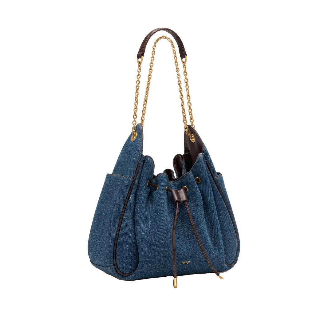 JW PEI Rowan Ruched Drawstring Chain Bucket Bag - Dark Blue Denim