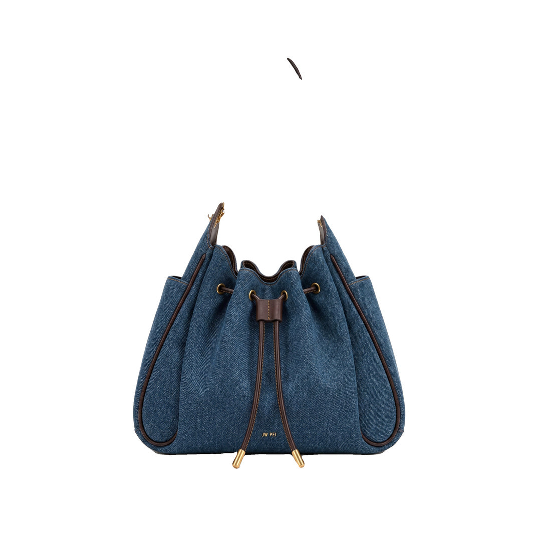 JW PEI Rowan Ruched Drawstring Chain Bucket Bag - Dark Blue Denim