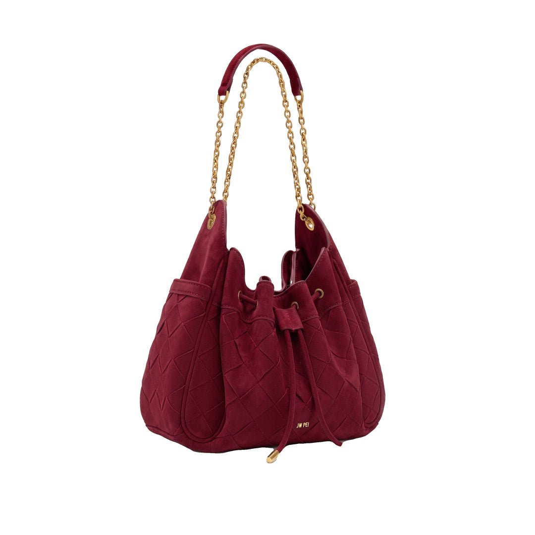 JW PEI Rowan Faux Suede Weaving Ruched Drawstring Chain Bucket Bag - Dark Cherry