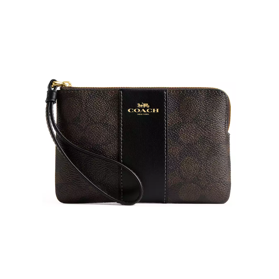 Coach Corner Zip Wristlet signature canvas Gold Walnut Black