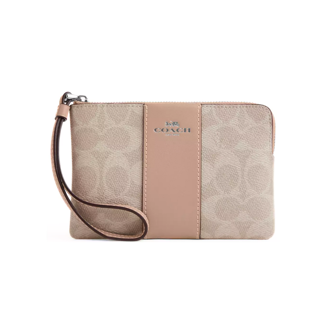 Coach Corner Zip Wristlet Signature Canvas With Stripe Silver Sand Taupe