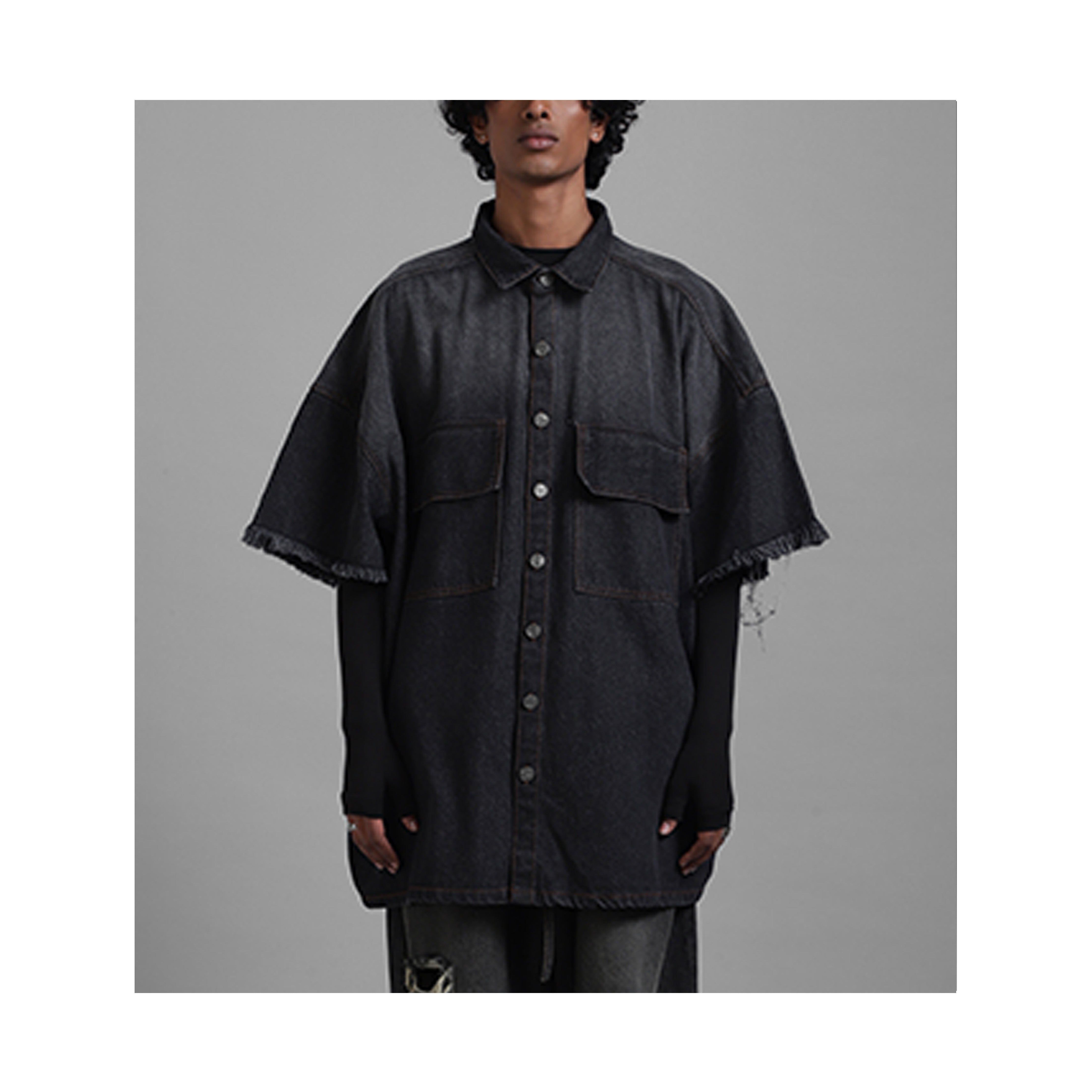 SuperHUEMN Dark Wash Faded Effect Denim Overshirt with Patched Pockets (Black)