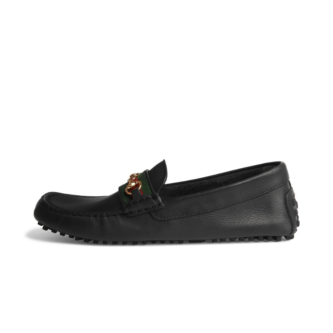 Gucci Ayrton Webbing-Trimmed Horsebit Leather Driver Loafers Black