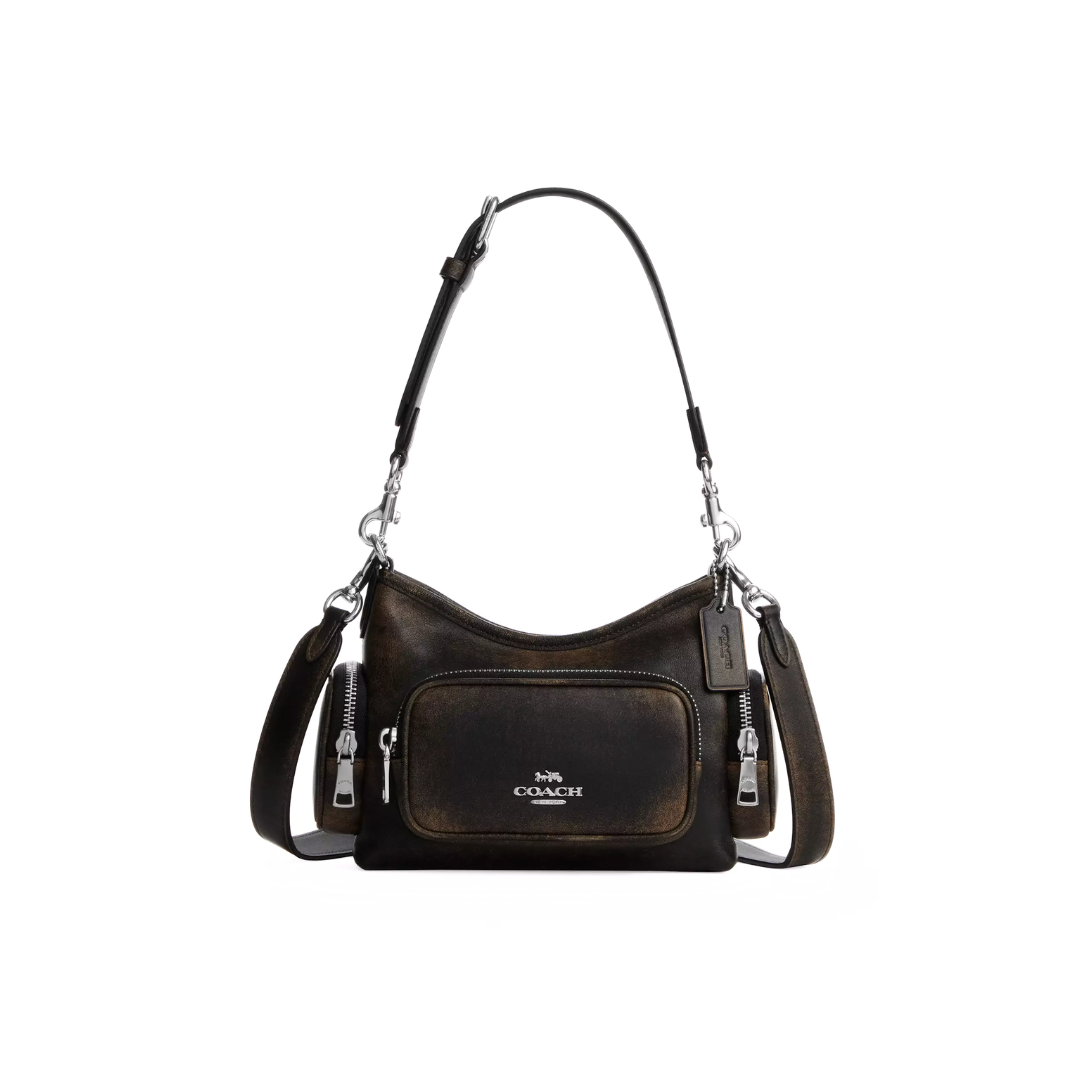 Coach Laurel Shoulder Bag 22 With Pockets In Loved Leather Silver Black Brown