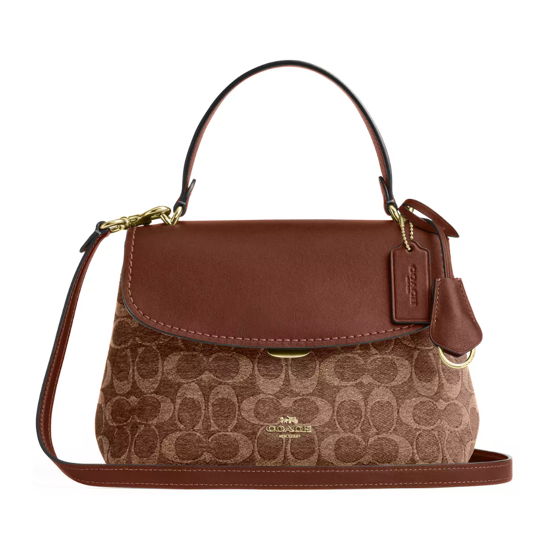 COACH Emory Top Handle Bag In Signature Chenille Gold Light Khaki Vintage Brown